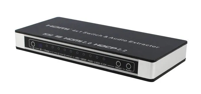 Black HDMI video switch with four inputs and one output, remote control, and power adapter