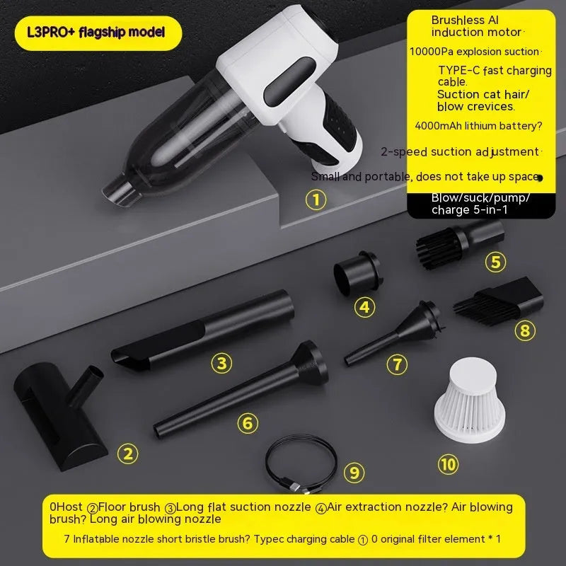 Car wireless handheld vacuum cleaner with 6KPa suction, 4000mAh rechargeable battery, Type-C port, and accessories on a black background