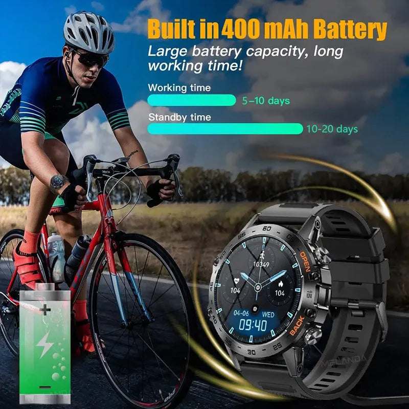 Bluetooth calling smart watch outdoor with IPS screen, heart rate monitor, and black glue strap