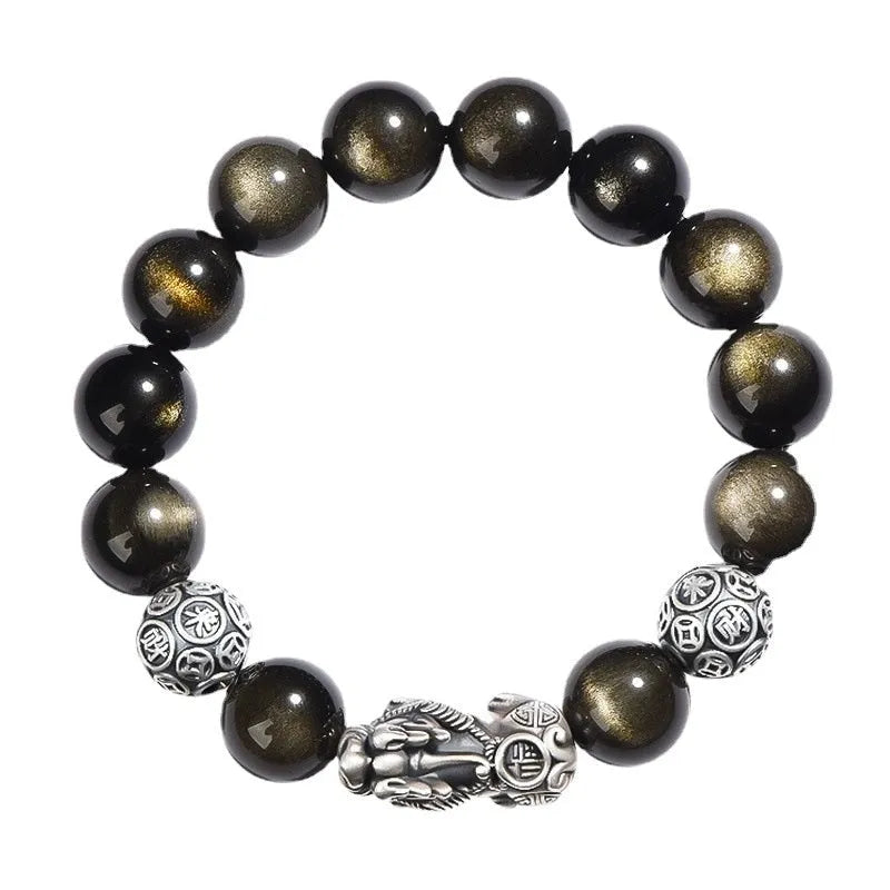 S999 silver natural obsidian bracelet for men, polished geometry shape, 12mm size