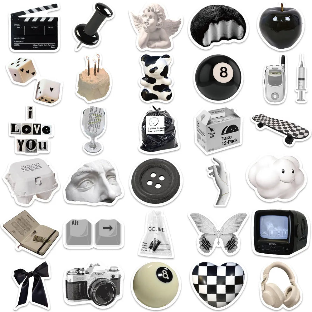 A pack of 61 black and white simple design waterproof PVC stickers for laptops and personal items.