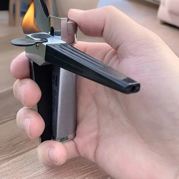 Foldable 2-in-1 metal pipe lighter and refillable butane smoking gadget with silver square cover on a dark background