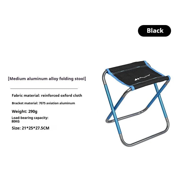 Black aluminium alloy folding camping stool shown in folded and unfolded positions