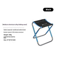 Black aluminium alloy folding camping stool shown in folded and unfolded positions