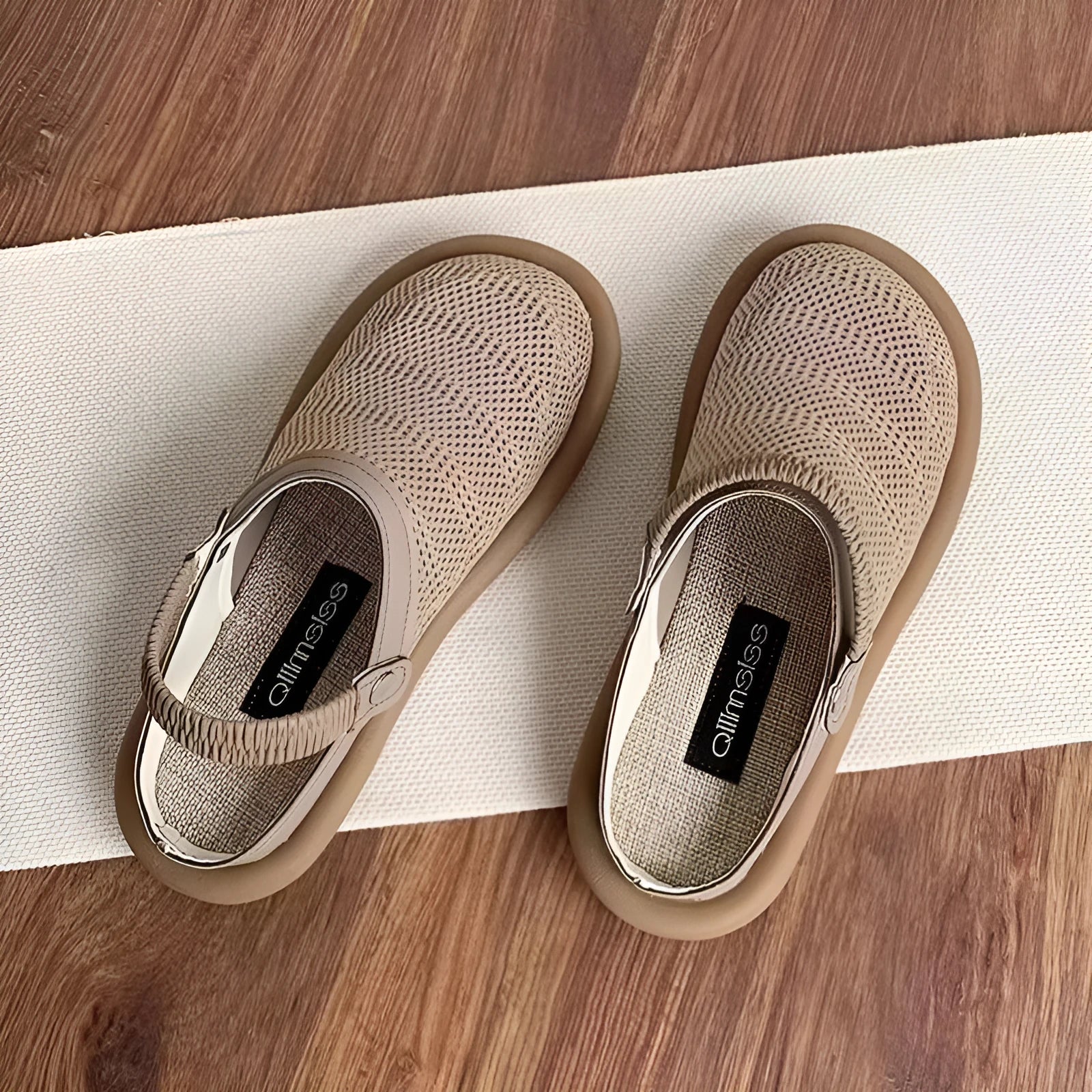 Soft bottom closed toe breathable mesh slip-on hole shoes in khaki with linen upper and rubber sole