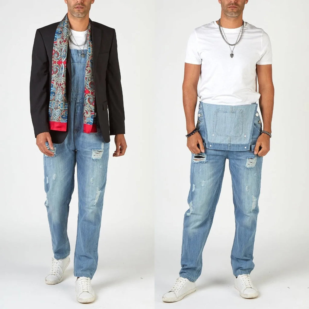 Men's light blue ripped high waist suspender jeans with button fly