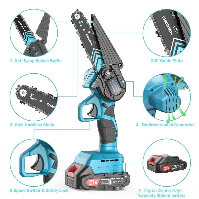 Household small handheld wireless rechargeable lithium electric saw with 6-inch chain and two batteries in storage box
