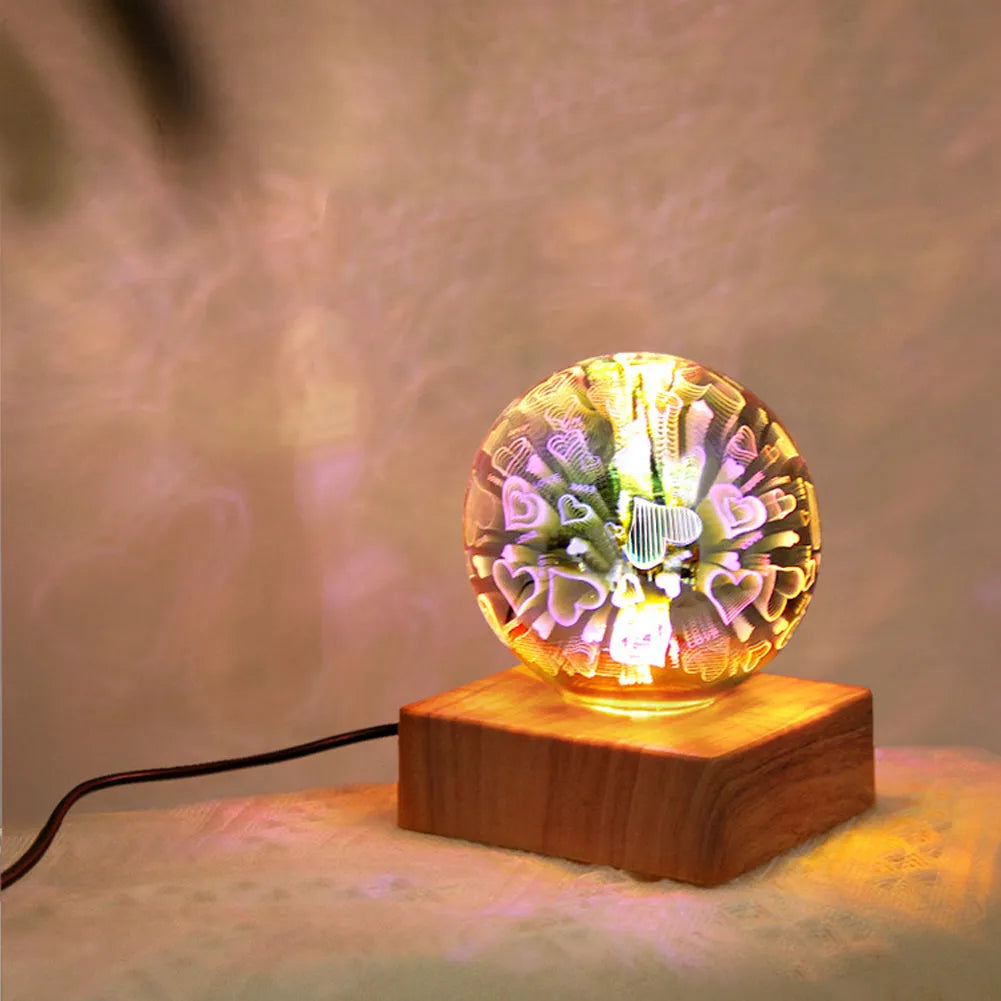 USB 3D firework crystal ball night light with warm LED, touch control, and starry sky effect on a wooden desk