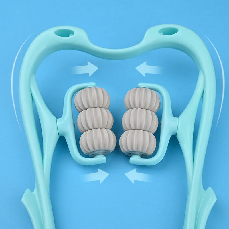 Blue plastic handheld massager with six white rolling wheels for neck and shoulders.