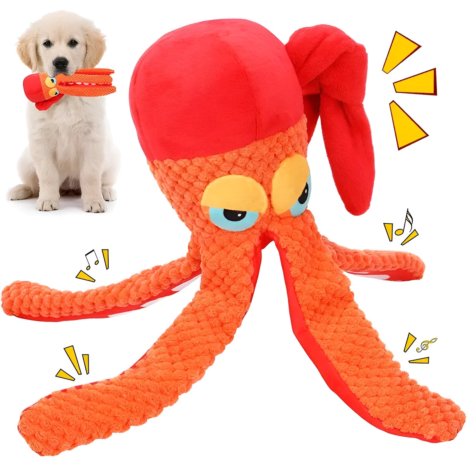 Orange octopus plush dog toy with squeaker for dental cleaning pet supplies