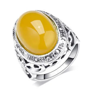 Geometric antique silver retro ring with fluorescent beeswax amber electroplating on alloy