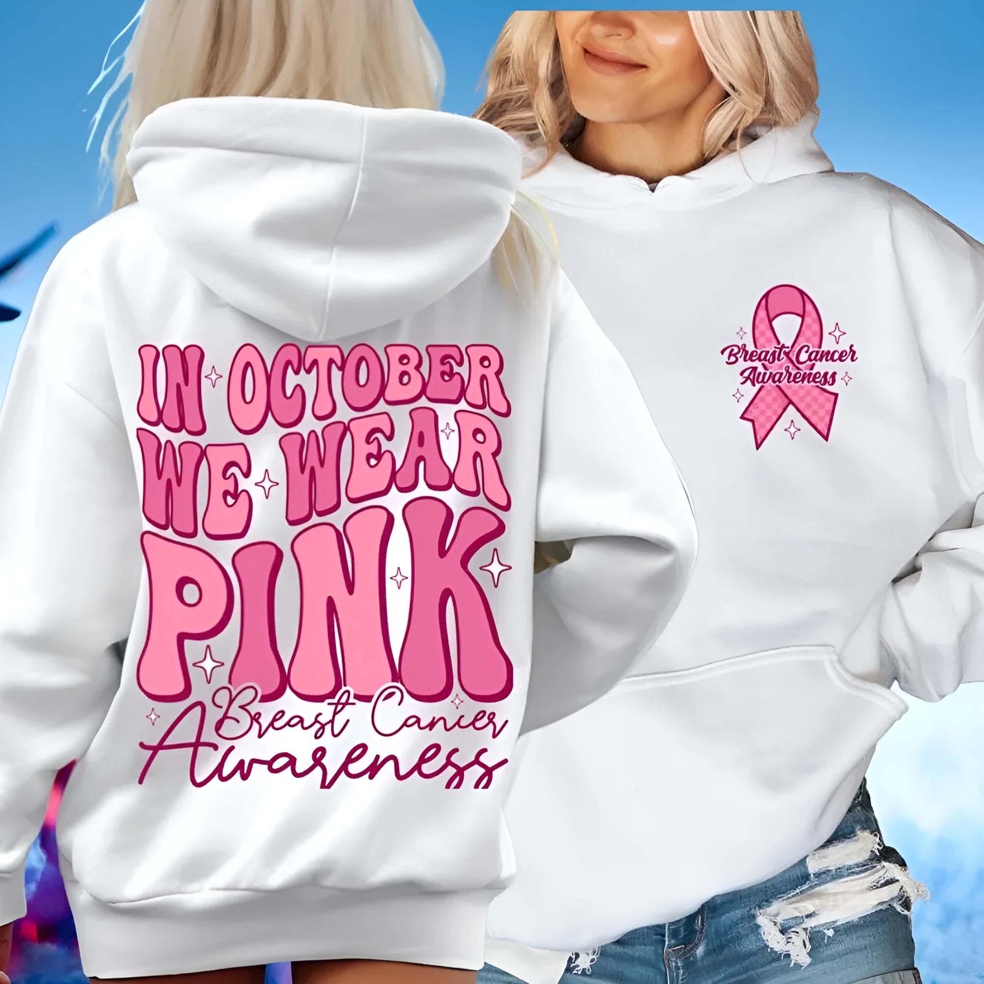Breast cancer awareness sweatshirt with retro print and side seam pockets in polyester fibre