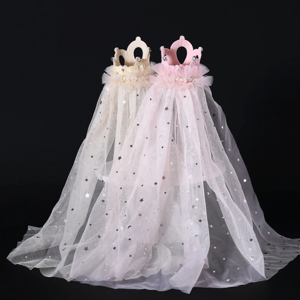 Pet cat wearing a princess crown headdress with a choice of beige or pink crown veil