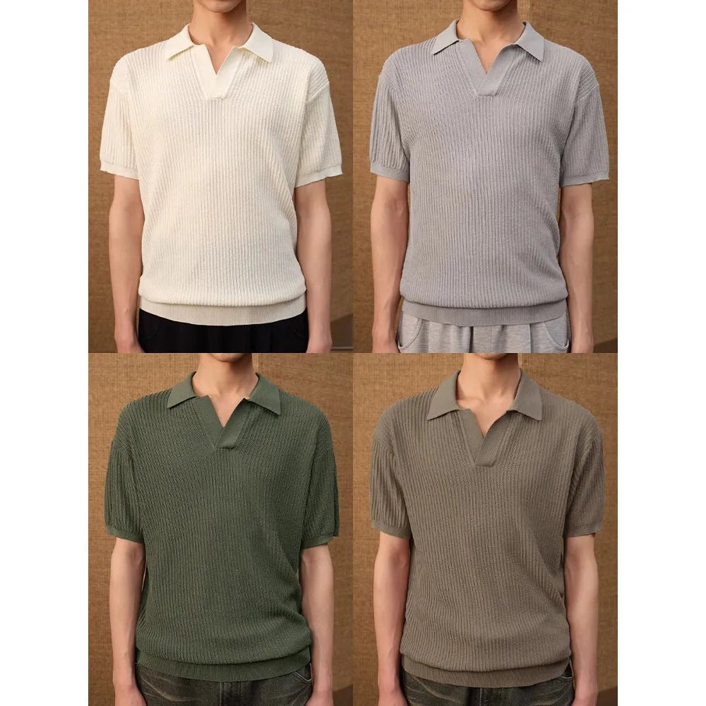 Men's business casual polo shirt with stripe detailing in ice silk breathable fabric
