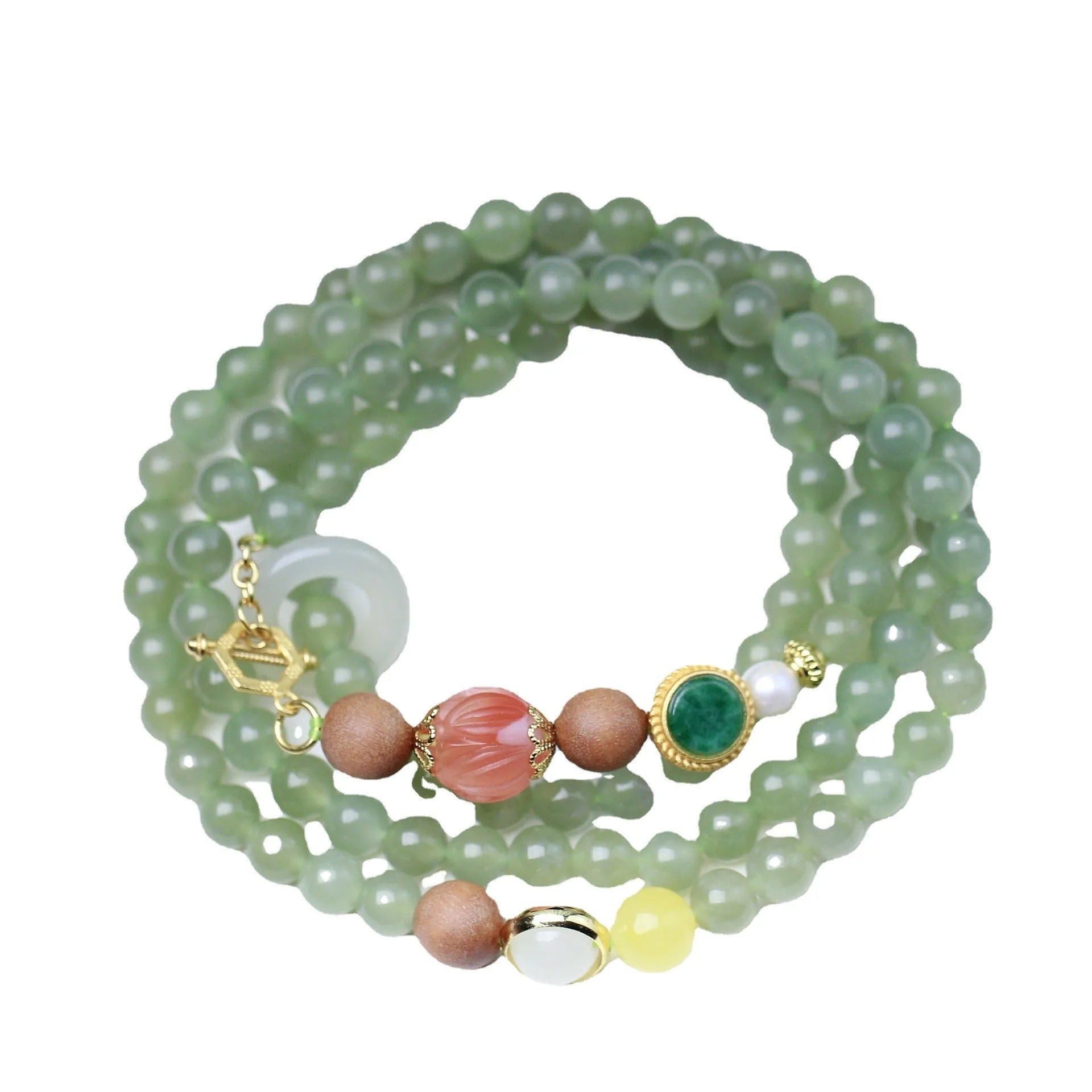 Natural Hetian jade necklace with red lotus, white sandalwood, and beeswax beads, unisex style with fu character motif