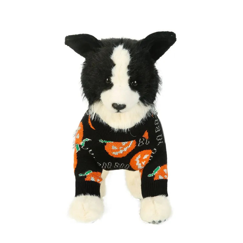 Black polyester dog sweater with orange pumpkin pattern for Halloween, available in multiple sizes