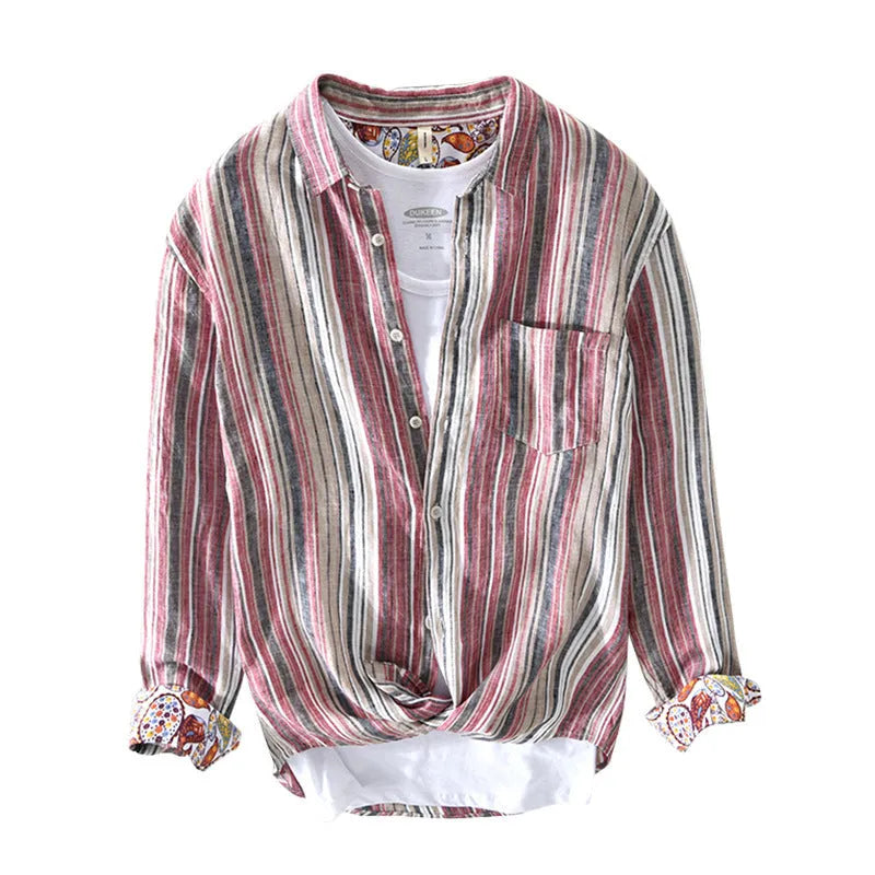 Men's casual linen striped shirt with long sleeves in grey colour option showing loose fit design