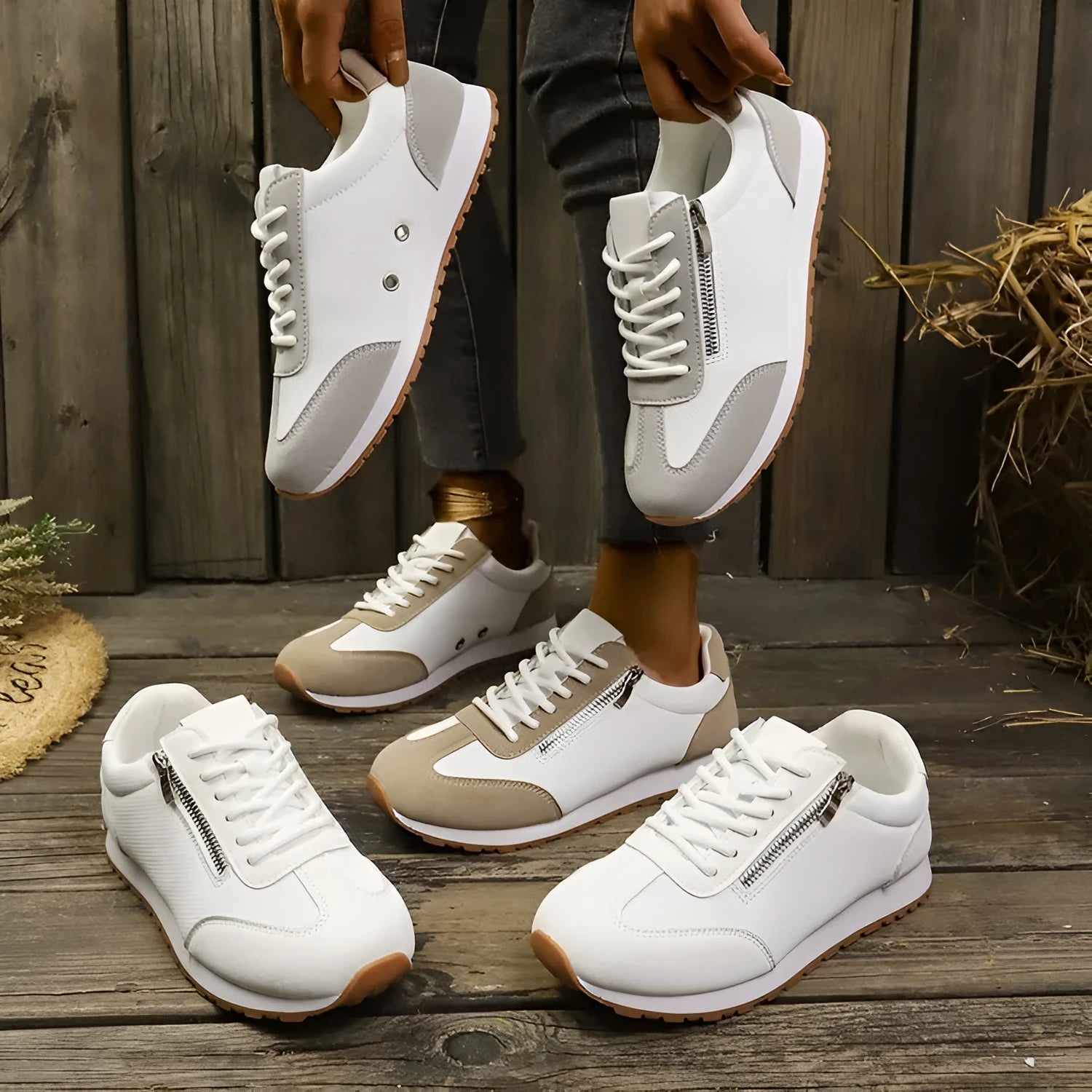 Women's flat-heeled ballet pumps in grey, white, and champagne with a PU upper and rubber sole.