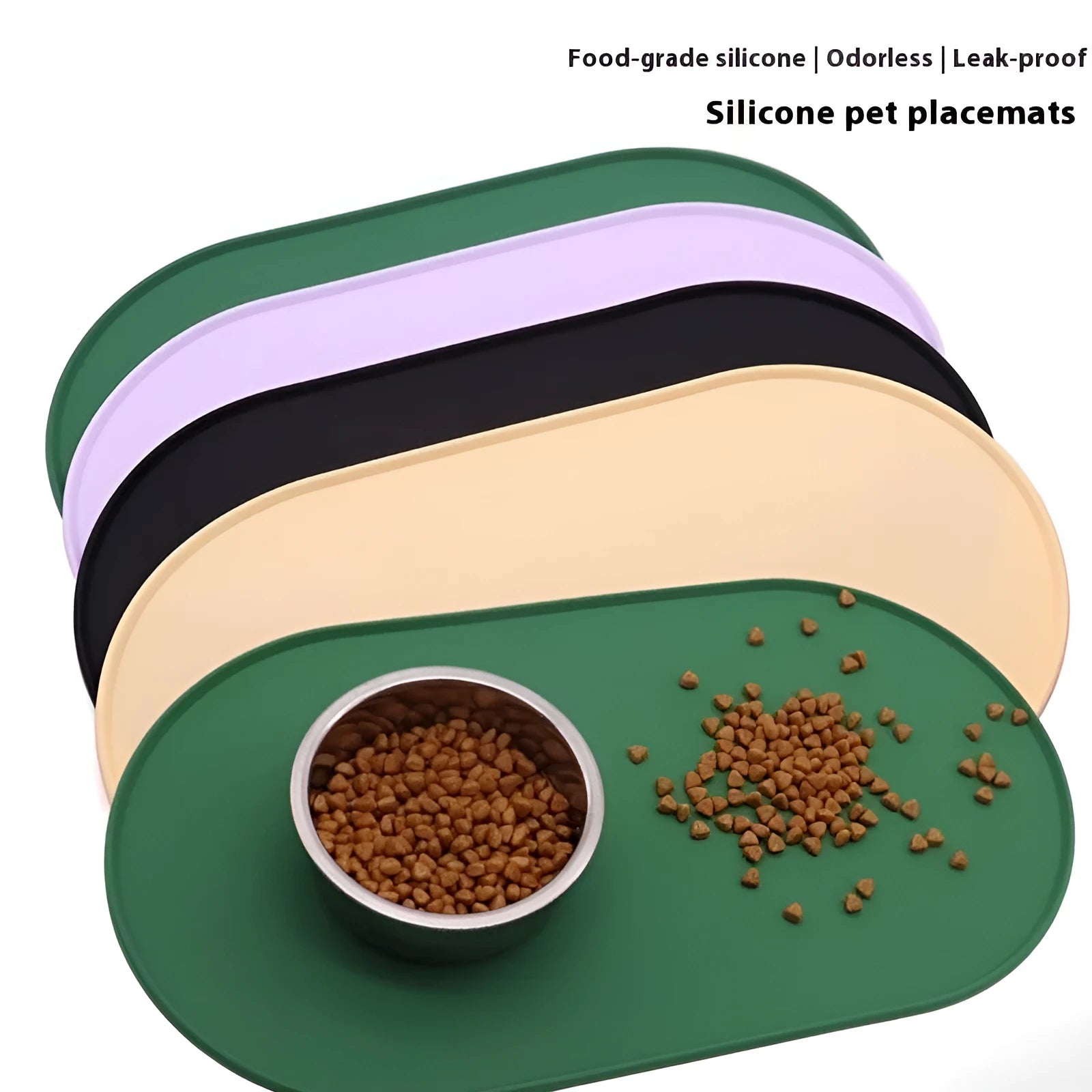 Silicone waterproof placemat for cat food and water bowls in beige, showing its size next to a bowl.