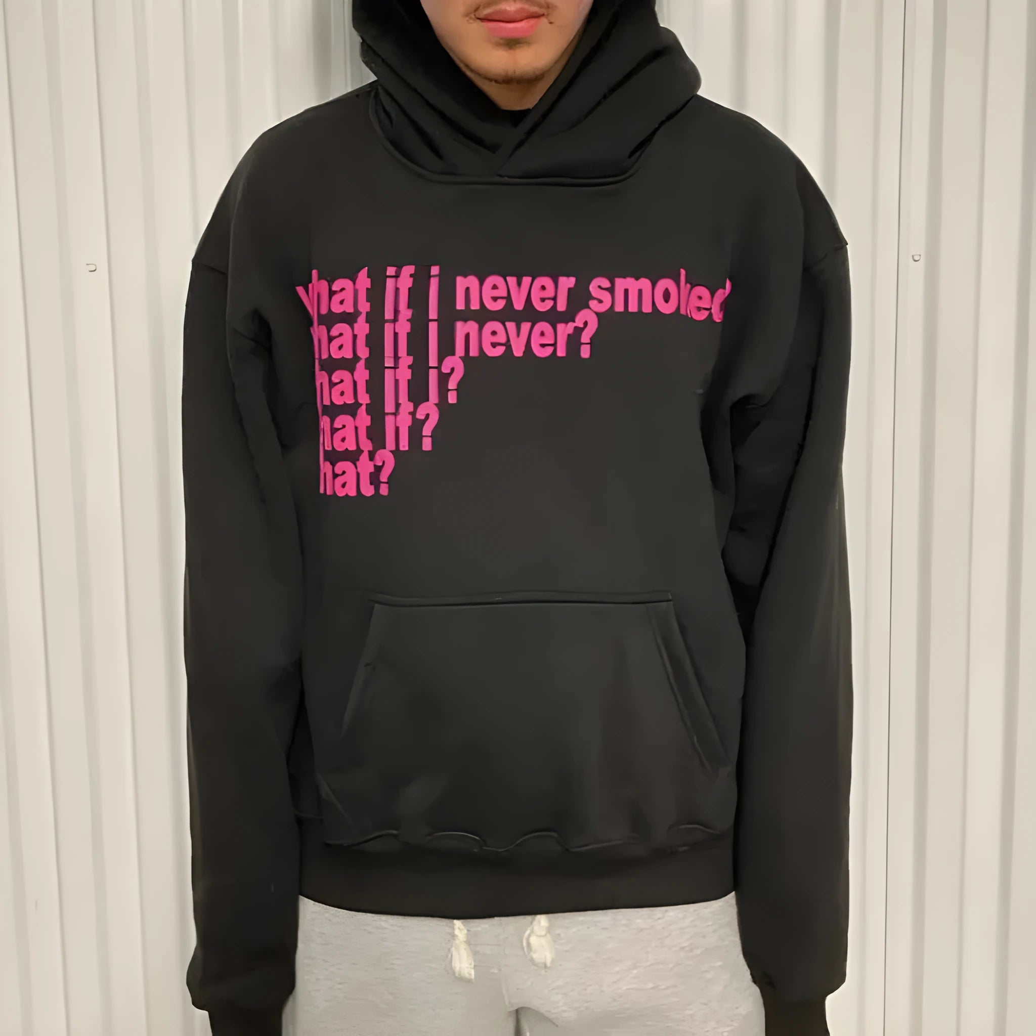 Letter print heavy hooded sweater pullover in heather gray with figure pattern, front view