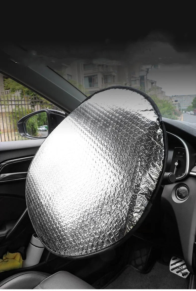 Car steering wheel sunshade cover in aluminium foil with universal fit and simple style