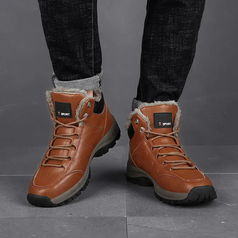 Men's black winter boots with plush lining, lace-up design, thick rubber sole, and round toe