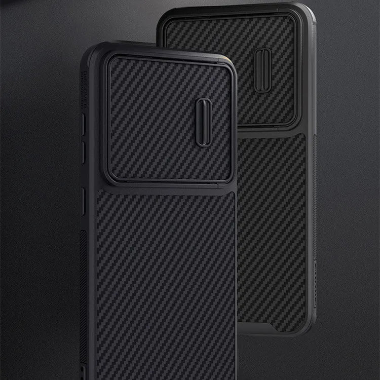 Black Samsung S23 Ultra mobile phone case with a built-in lens push cover, showing TPU and carbon fibre texture.