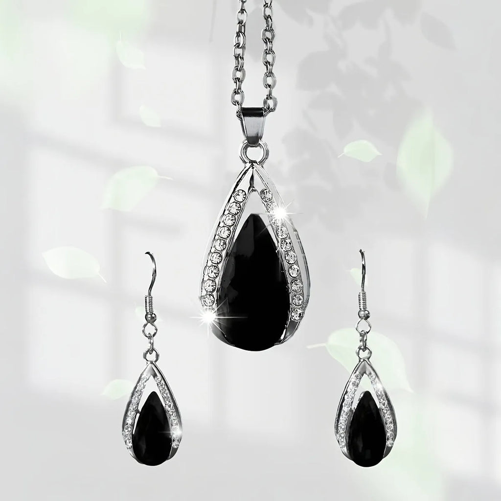 Black and red teardrop glass pendant necklace with matching earrings jewellery suite