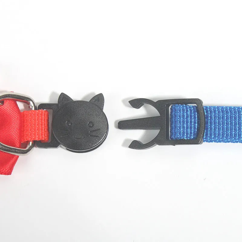 Adjustable nylon cat collar with bell decoration in multi-colour striped design