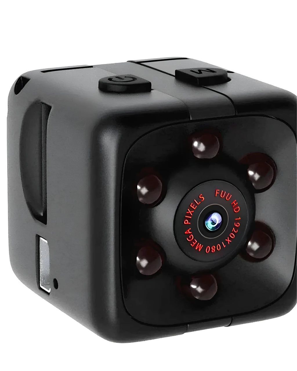Mini 1080P Full HD night vision camera in black with infrared LEDs and motion detection