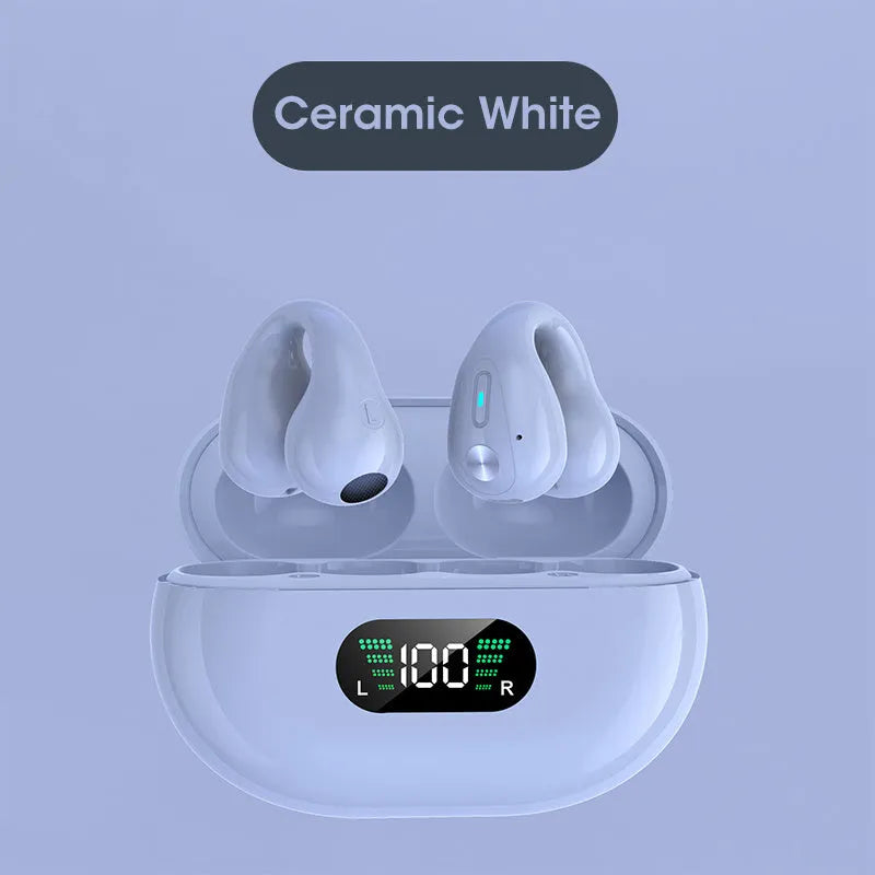 Bone conduction Bluetooth headset with ear clip design shown in black, white, and khaki colour options.