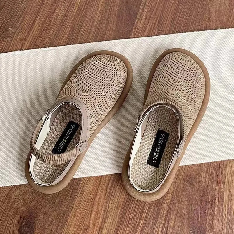 Soft bottom closed toe breathable mesh slip-on hole shoes in khaki with linen upper and rubber sole