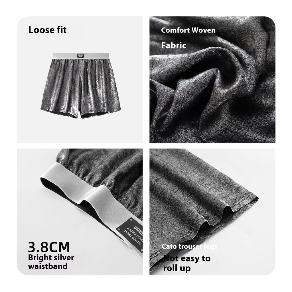 Men's reflective bright silver woven loose fit underwear with mid waist design