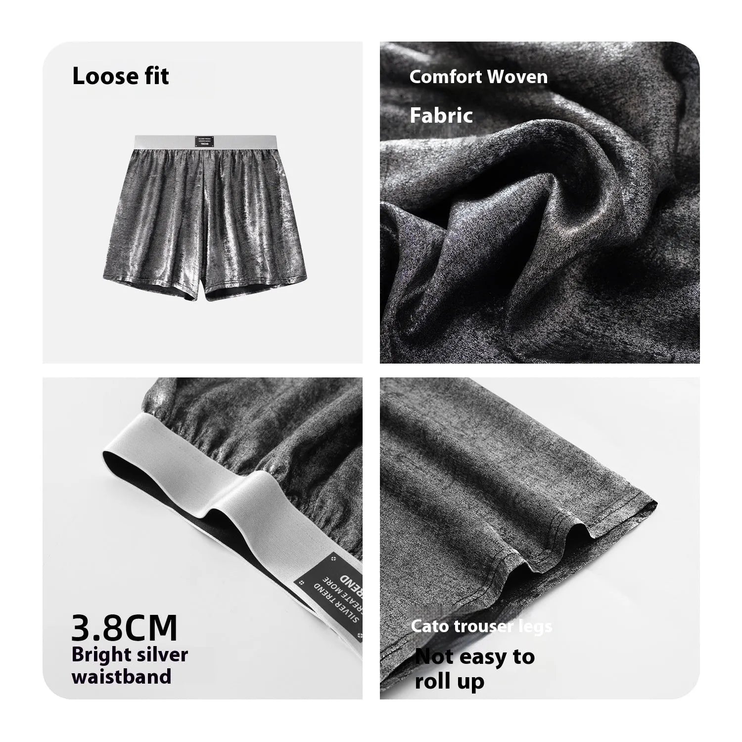 Men's reflective bright silver woven loose fit underwear with mid waist design