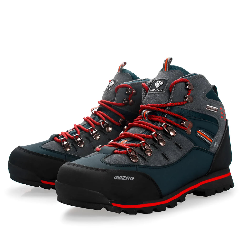 High-top hiking boot with synthetic leather upper and EVA sole, round toe, sewn line detailing, black and yellow colour