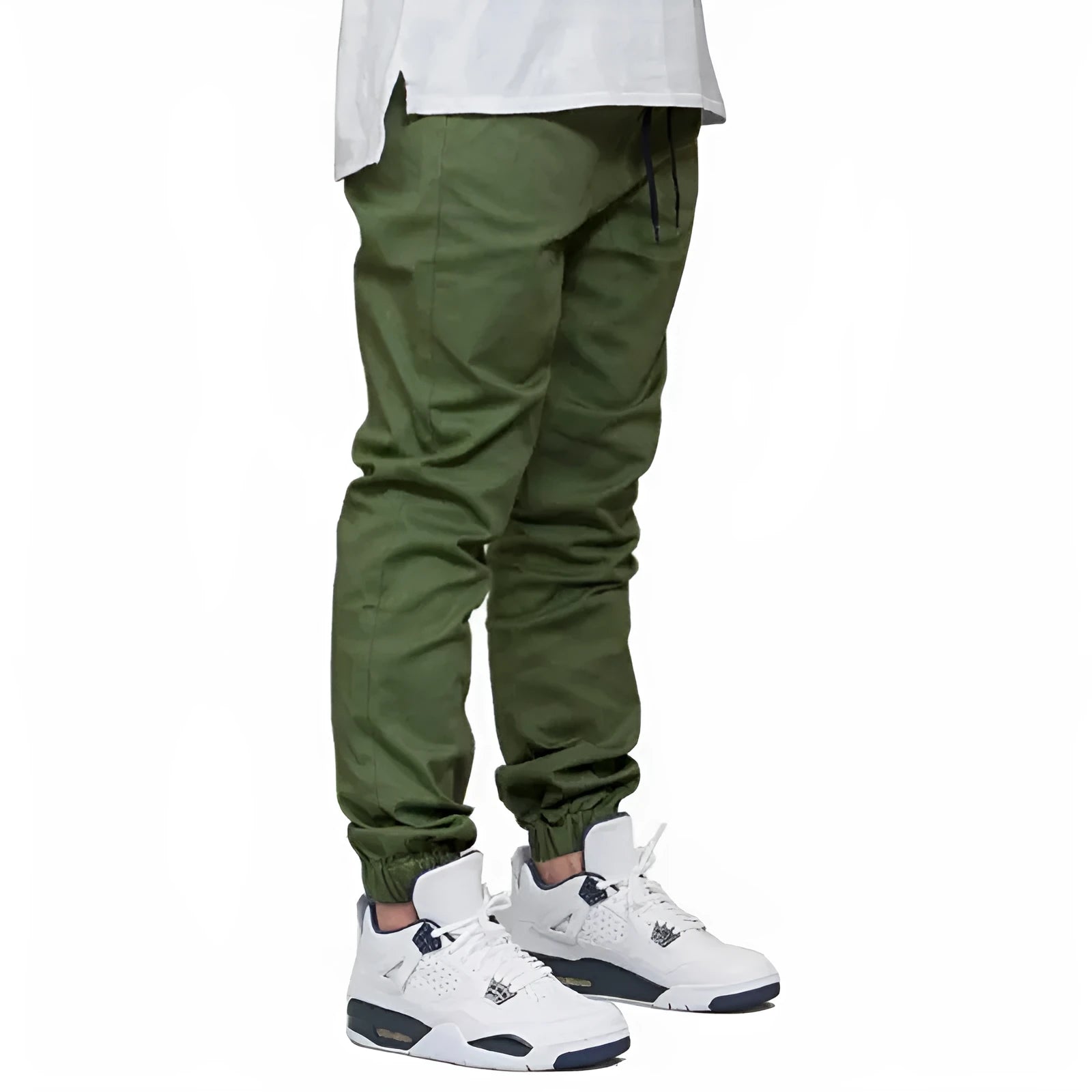 Men's casual stretch joggers in black with mid-waist drawstring closure and tight-fit leg
