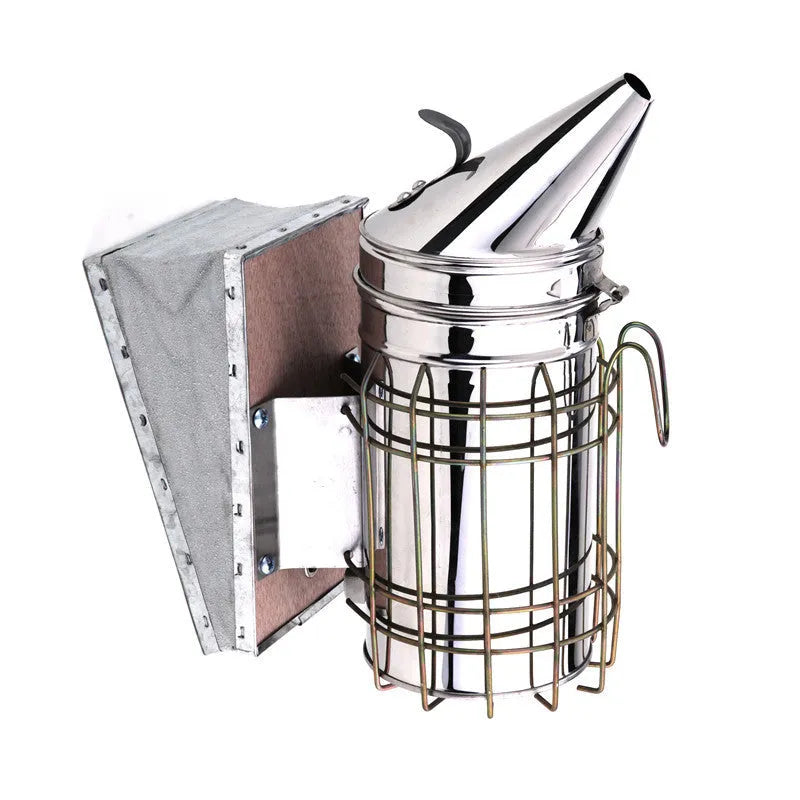 Manual smoke blower for beekeeping with stainless steel barrel and leather bellows