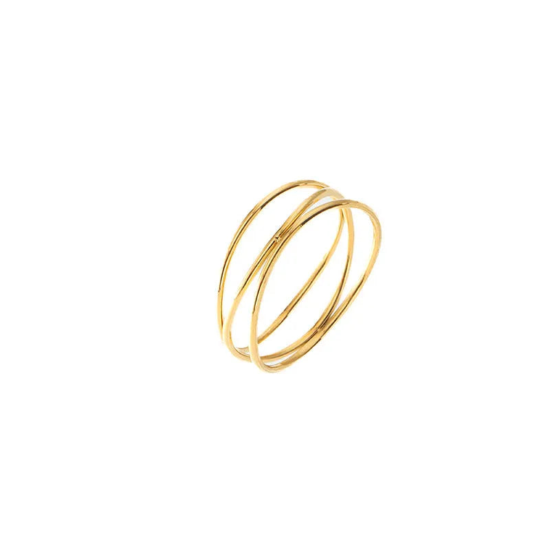 Gold geometric line ring with three-layer coil design in titanium steel