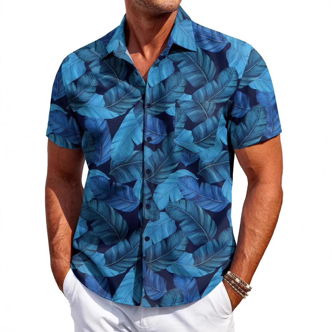 Men's slim-fit Hawaiian short sleeve shirt in elastic polyester fabric showing colour options