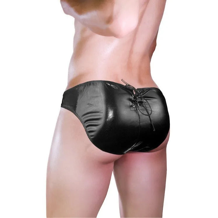 Men's black imitation leather string briefs with elasticated waistband laid flat