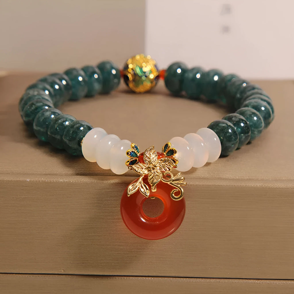Blue water jade abacus beads crystal bracelet with red agate peace buckle and rhinestone accents for women