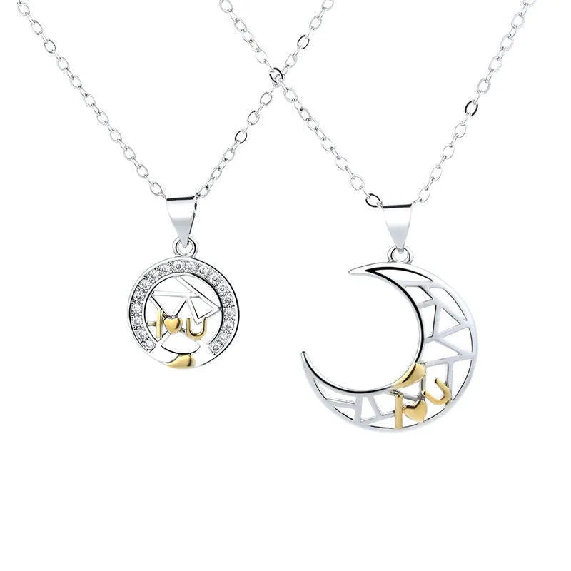 Sun moon tooth couple necklace with electroplated copper pendant and cross chain for men and women