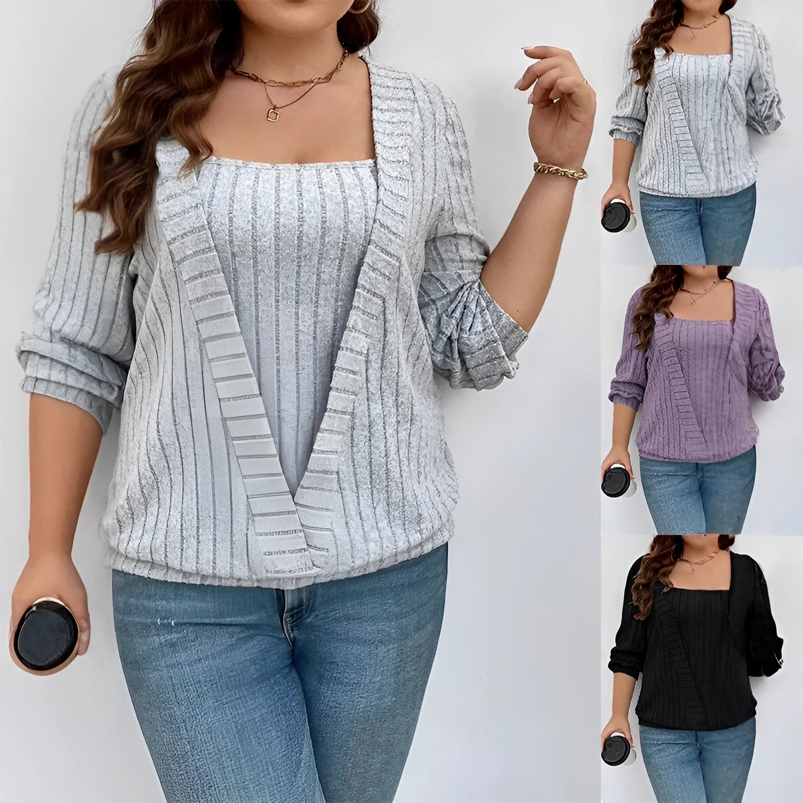 Women's solid colour V-neck false two-piece suit with long sleeves in a loose rib fabric fit.