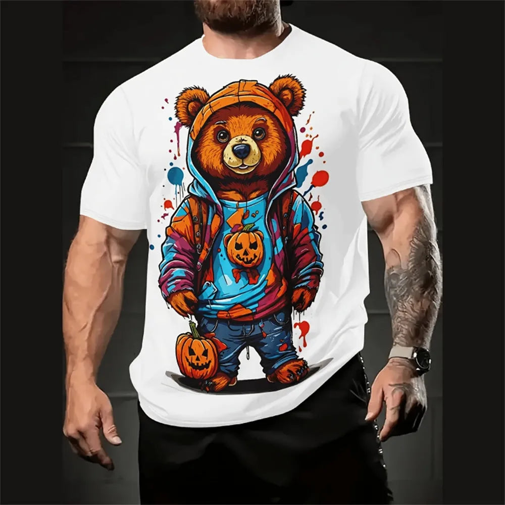 Men's loose fit short sleeve T-shirt with 3D printed cartoon pattern in milk silk linen fabric
