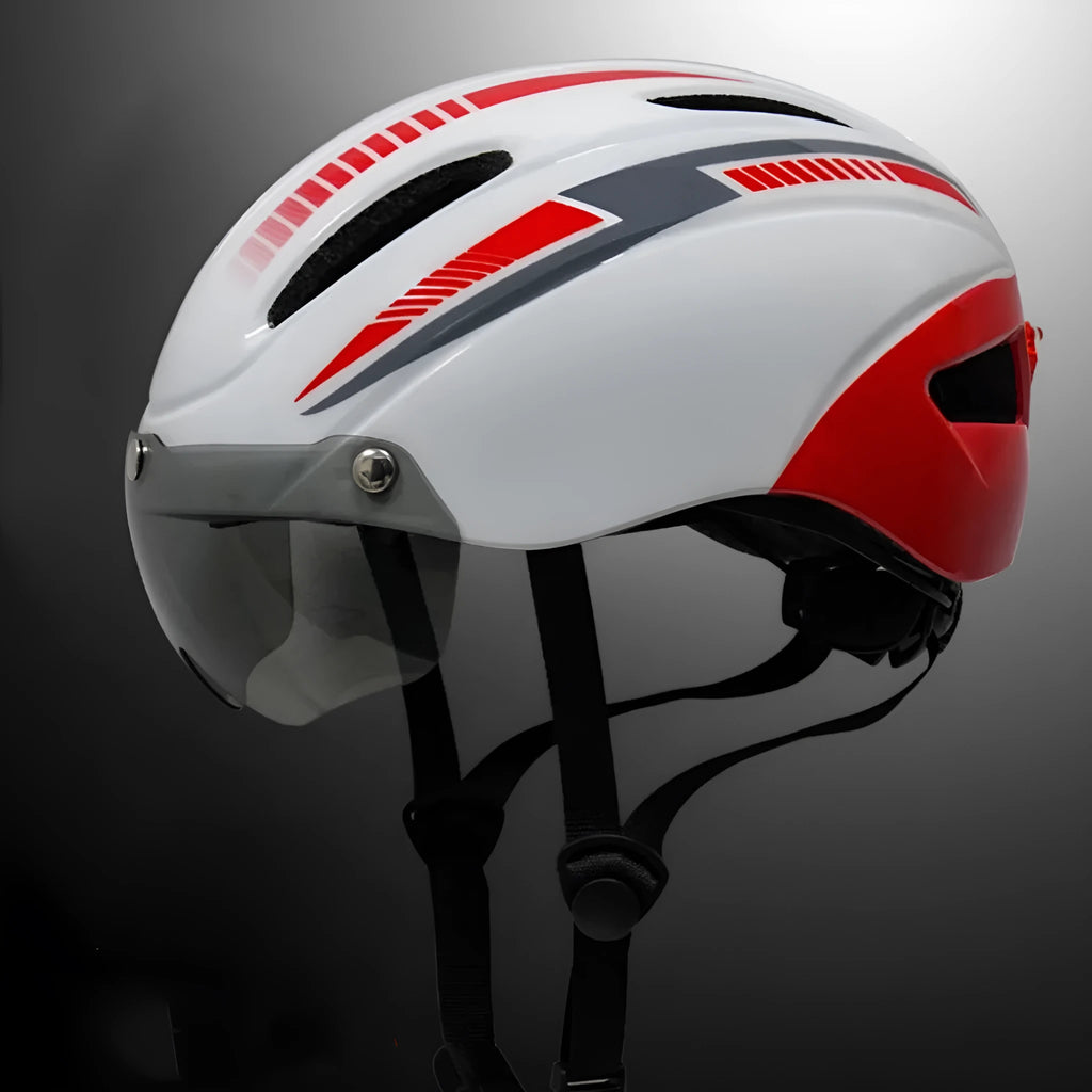 Adult bicycle helmet with goggles and taillight in blue, white, and black colour scheme