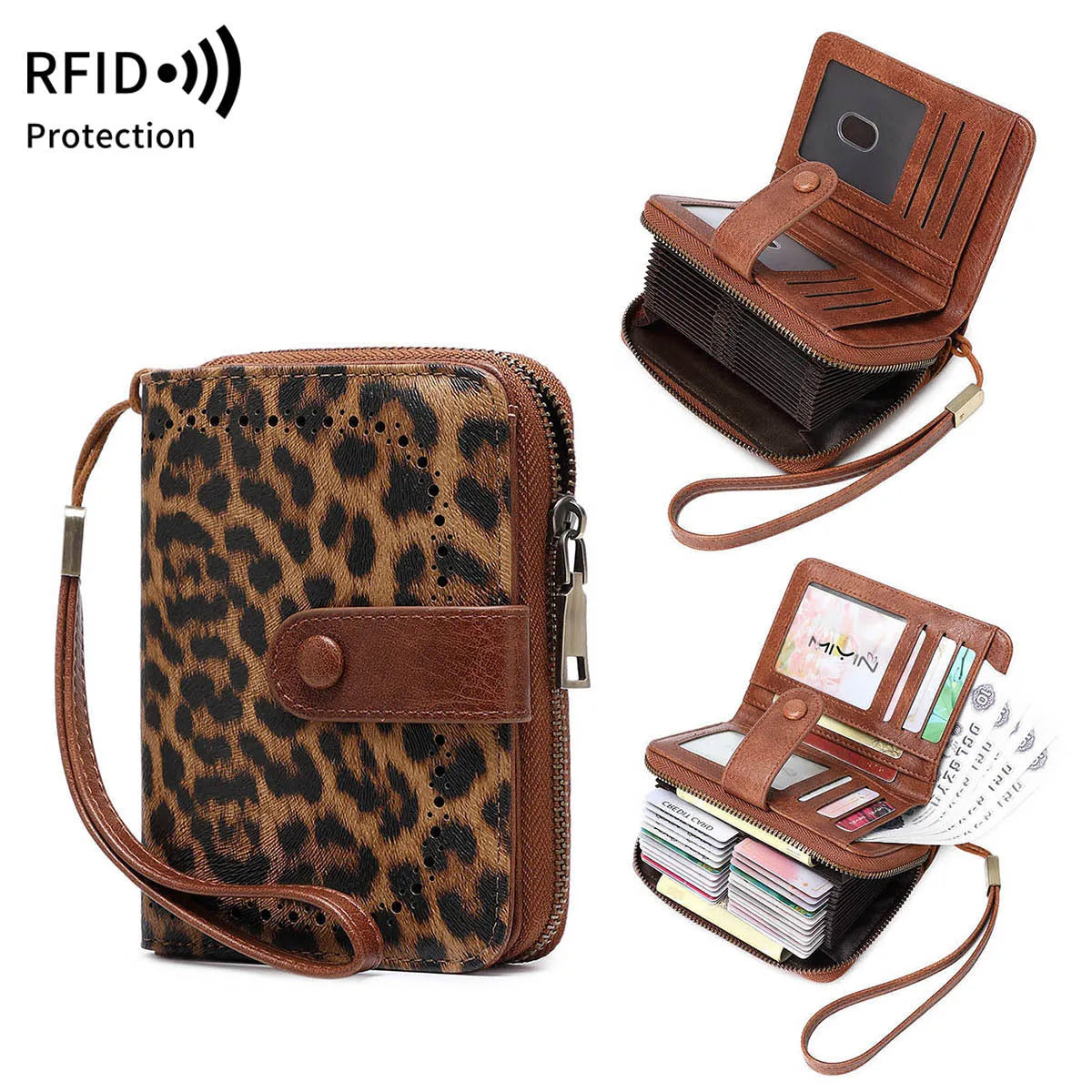 Leopard print PU zipper small wallet with metal zip and contrast stitching on white background