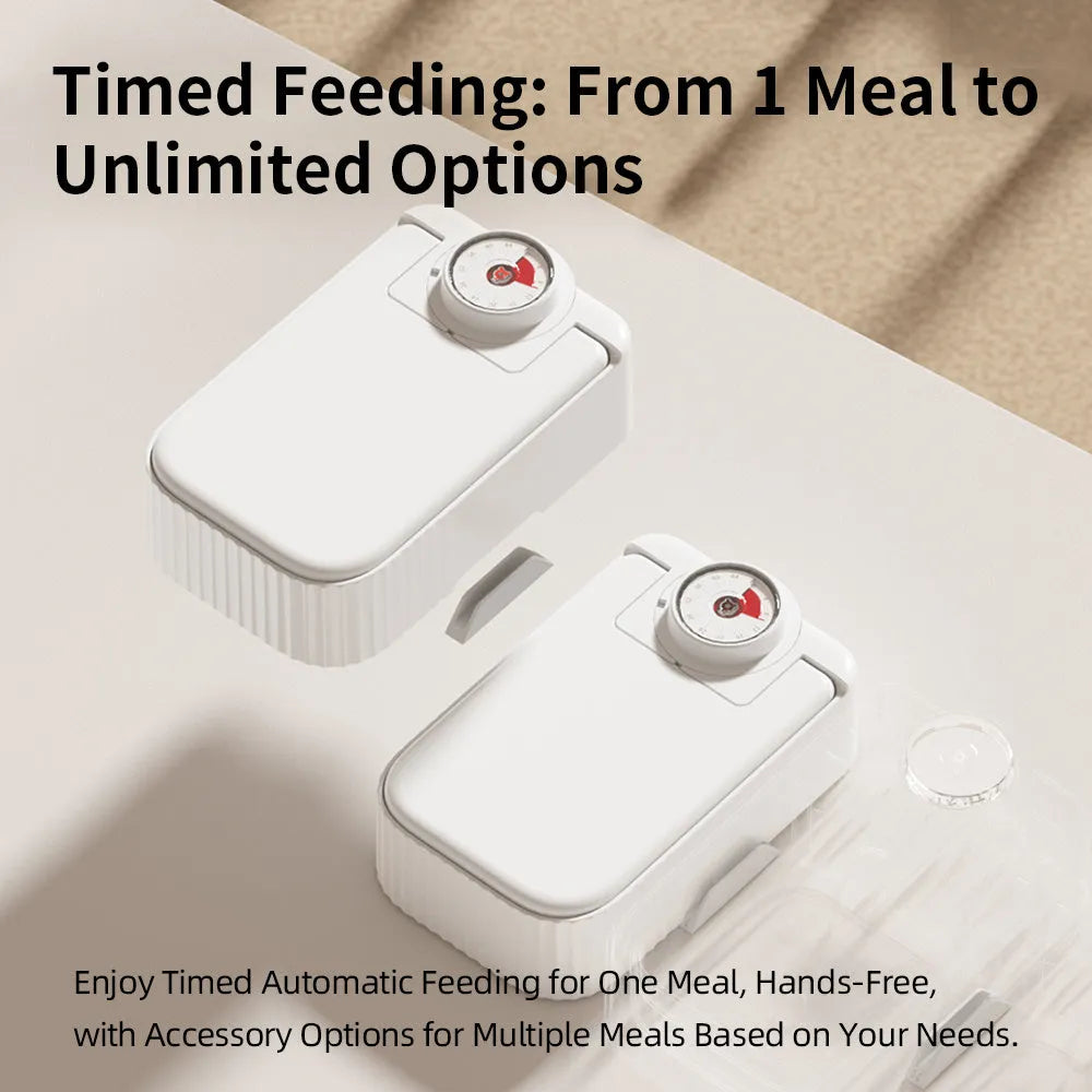 White pet single meal feeder with digital timer display and ice crystal box underneath for 48-hour freshness