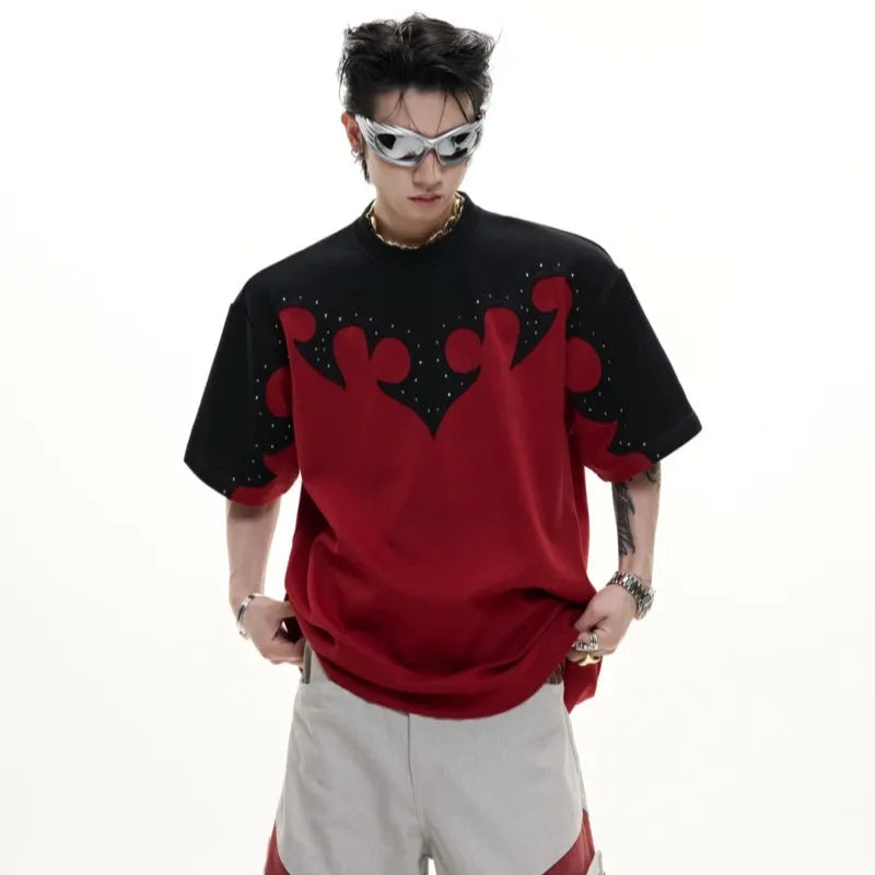 Men's loose fit T-shirt with burnt flower stitching and rhinestone detail on heavyweight cotton fabric