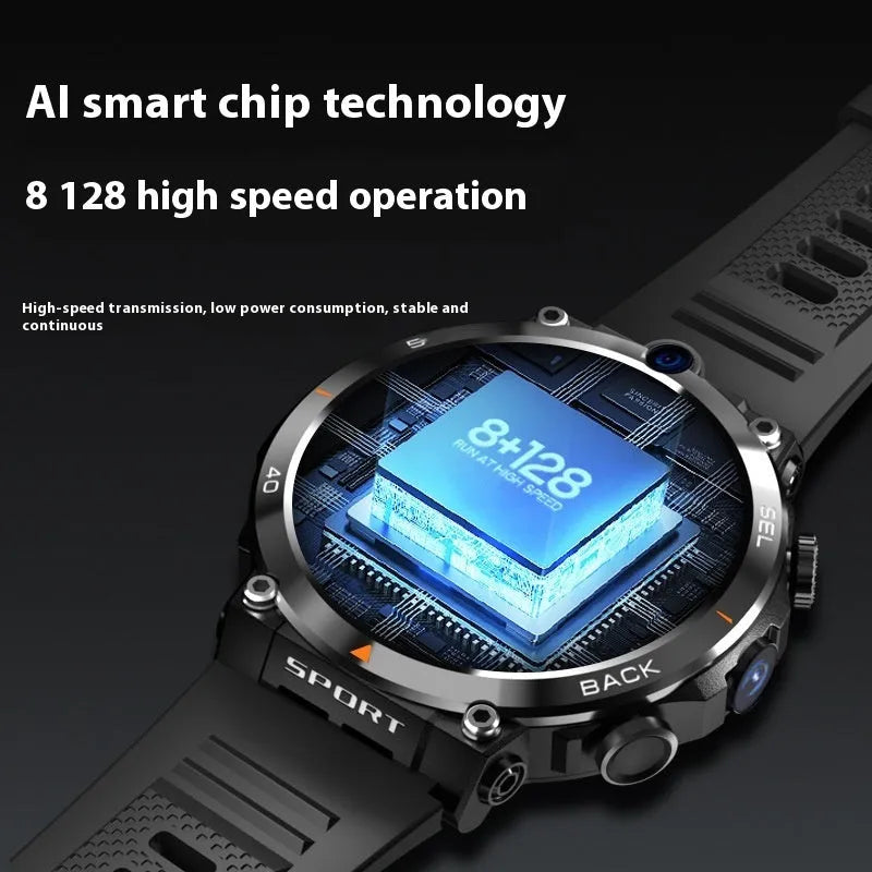Multi functional sports smartwatch with dual cameras, touch screen, and NFC on wrist
