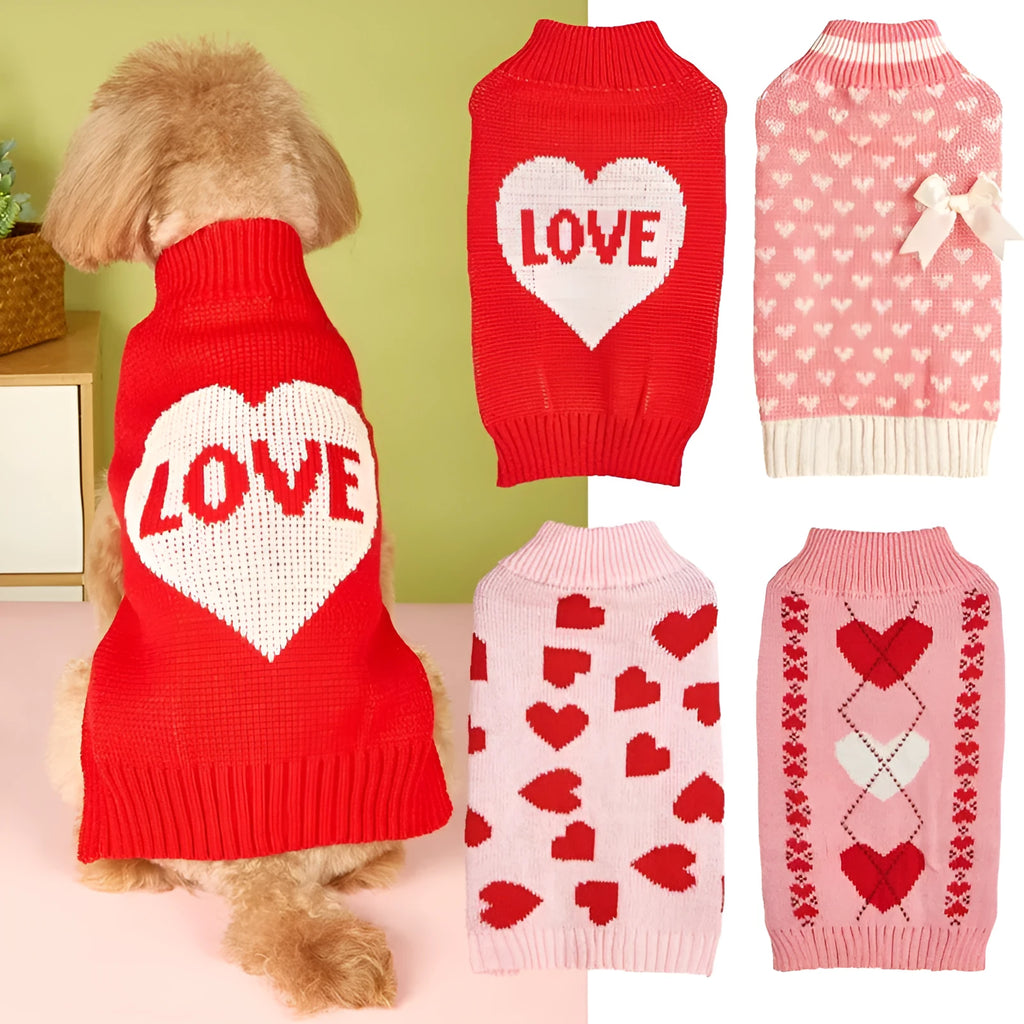 Dog sweater with love heart and bow design in acrylic material